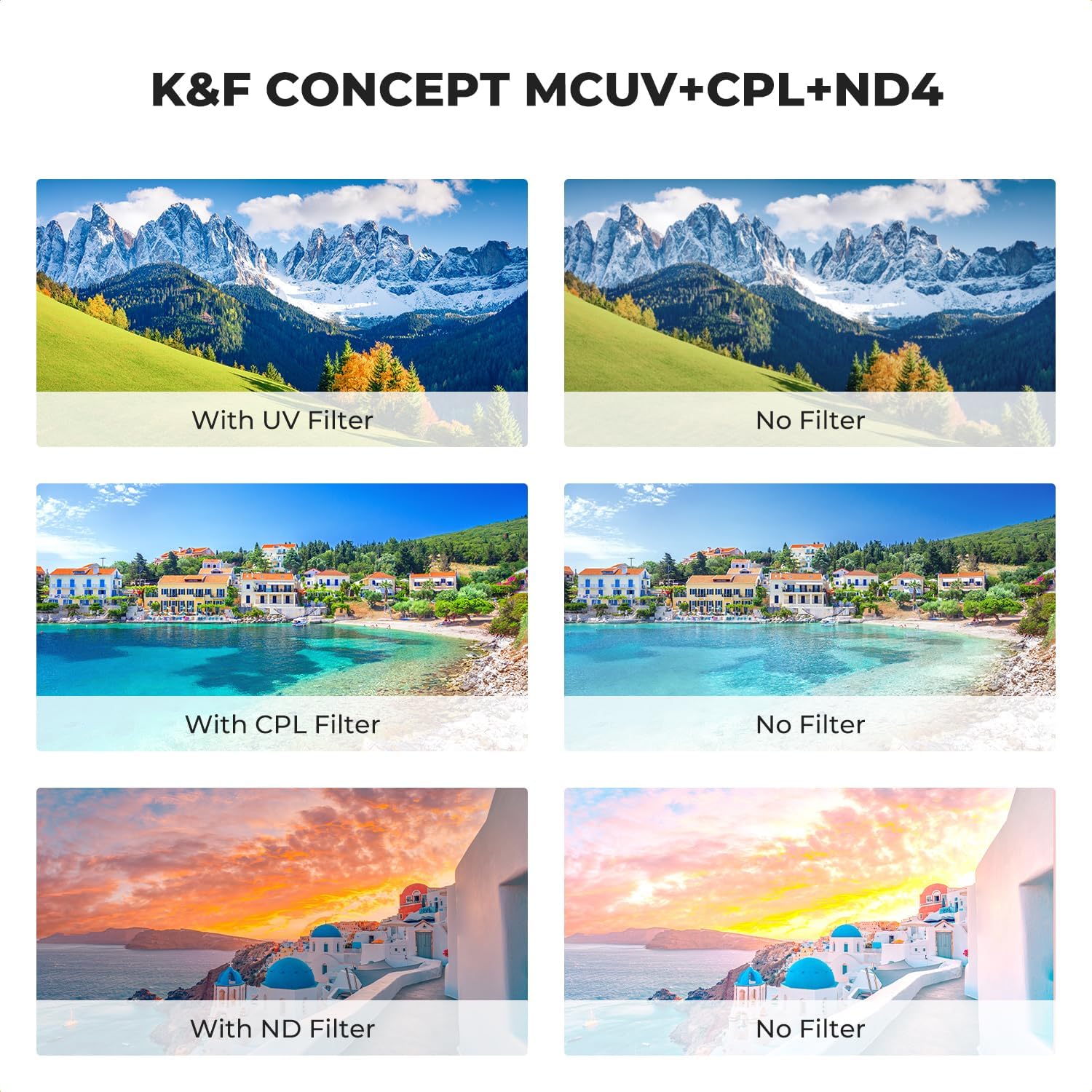 K&F Concept 55mm UV/CPL/ND Lens Filter Kit (3 Pieces)-18 Multi-Layer Coatings, UV Filter + Polarizer Filter + Neutral Density Filter (ND4) + Cleaning Cloth+ Filter Pouch for Camera Lens (K-Series) - Image 4