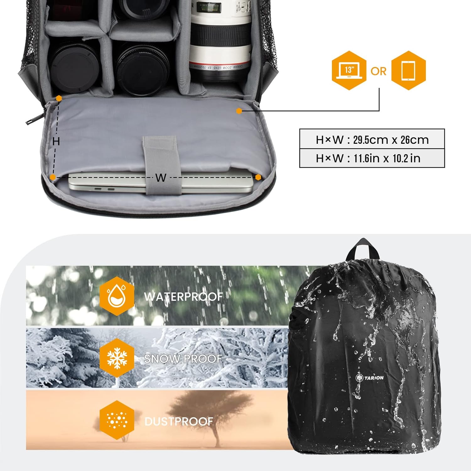 TARION Camera Backpack Bag Small - Professional DSLR Camera Bag with Waterproof Rain Cover Laptop Compartment Photograhy Backpack Case Black TB-S - Image 6